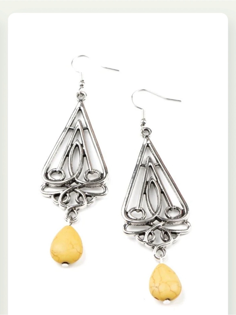 Silver Filigree Teardrop Earrings with Yellow Stone